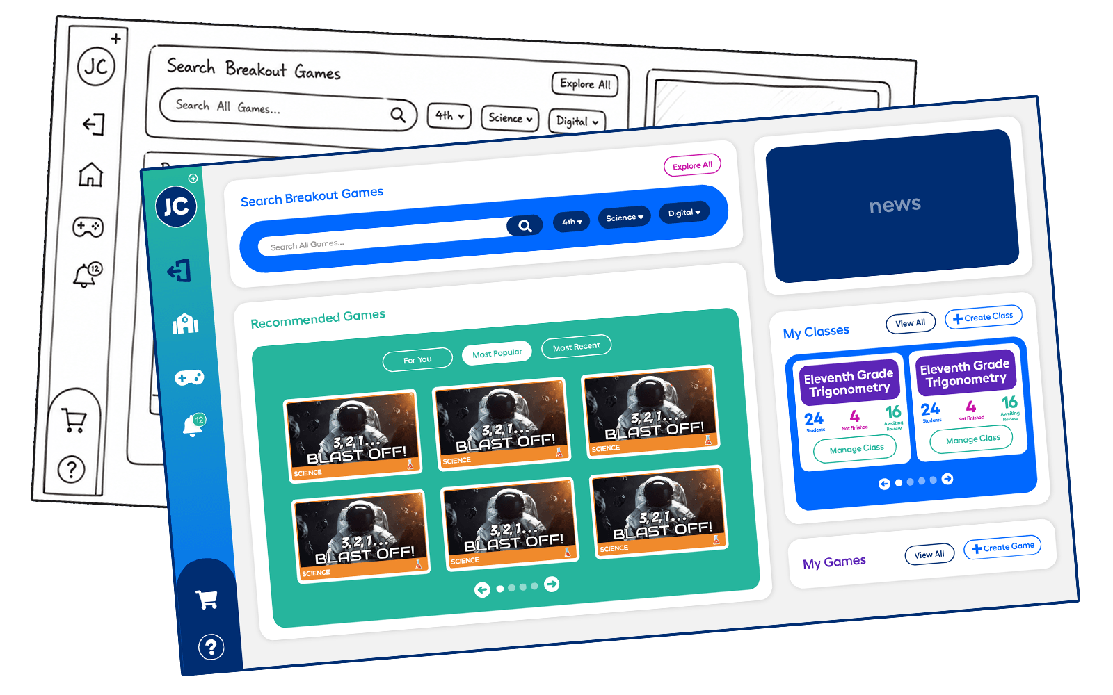 The teacher platform, sketch beside final: game search and recommendations on the left, class roster with student counts and progress on the right.