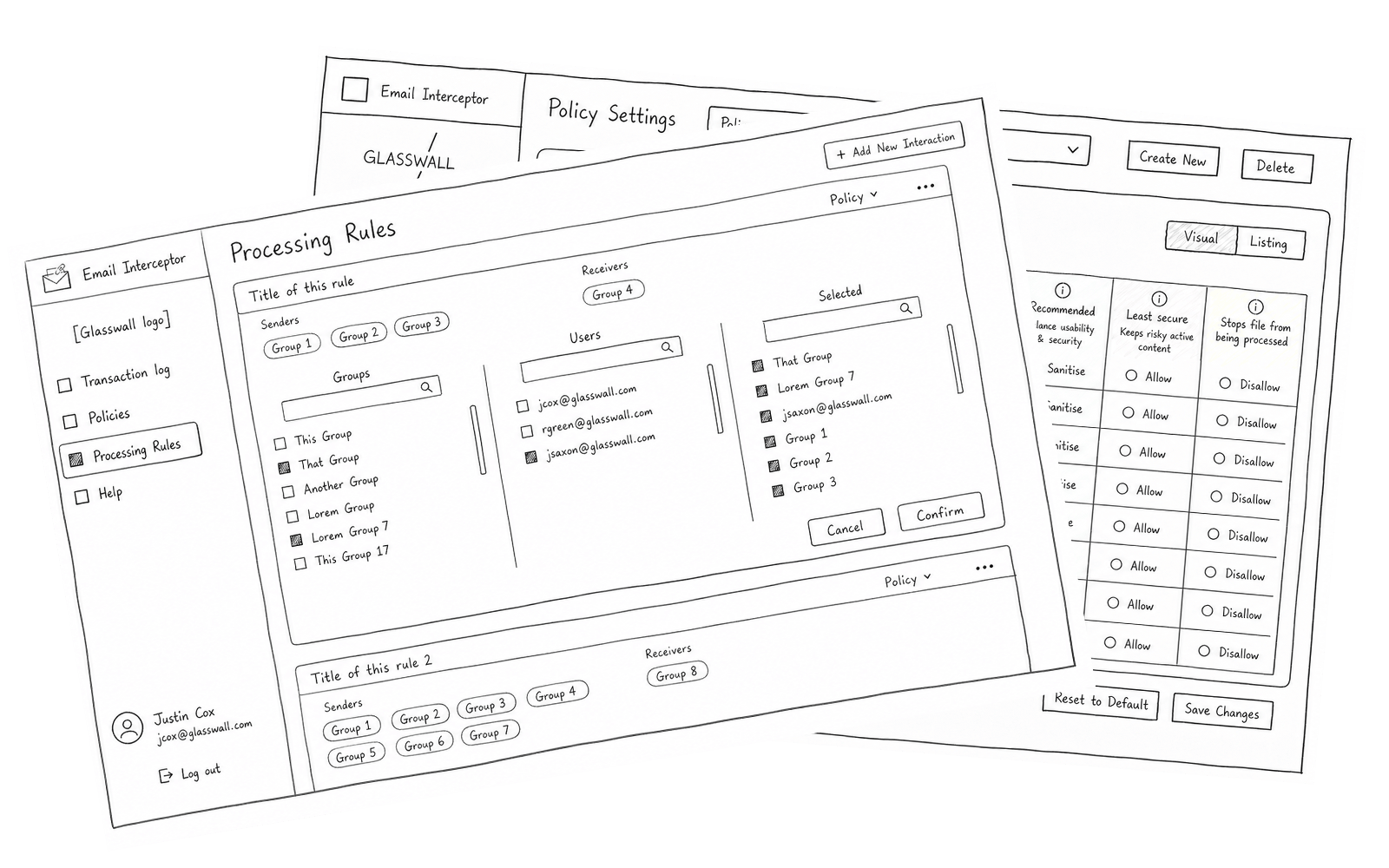 Wireframes of the Policy Settings screen. A named policy lists content types down the left (Acroforms, Actions, digital signatures, embedded files, embedded images, internal and external hyperlinks, JavaScript) for a chosen file format such as PDF, Word, Excel or PowerPoint. Each row offers three options across labelled columns: Sanitise, marked Recommended for balancing usability and security; Allow, marked Least secure for keeping risky active content; and Disallow, which stops the file from being processed. A second panel shows group selection, listing Azure groups and individual addresses with Cancel and Confirm actions.
