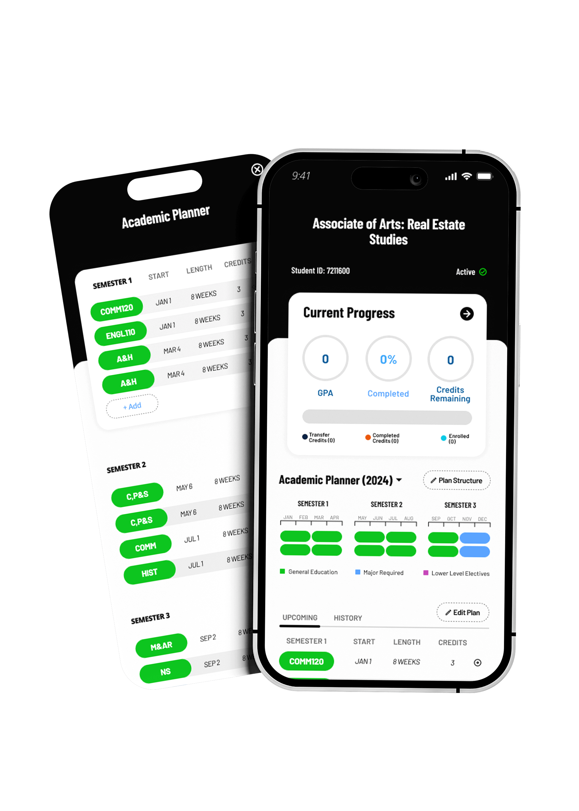 The degree planner, showing a student's recommended course sequence and long-term progress.