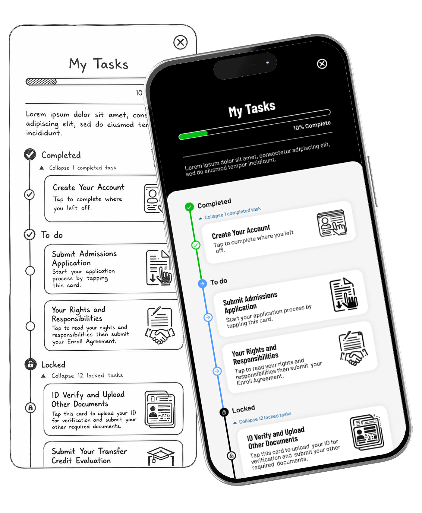 The task experience, which discloses onboarding requirements progressively and confirms each completed step.