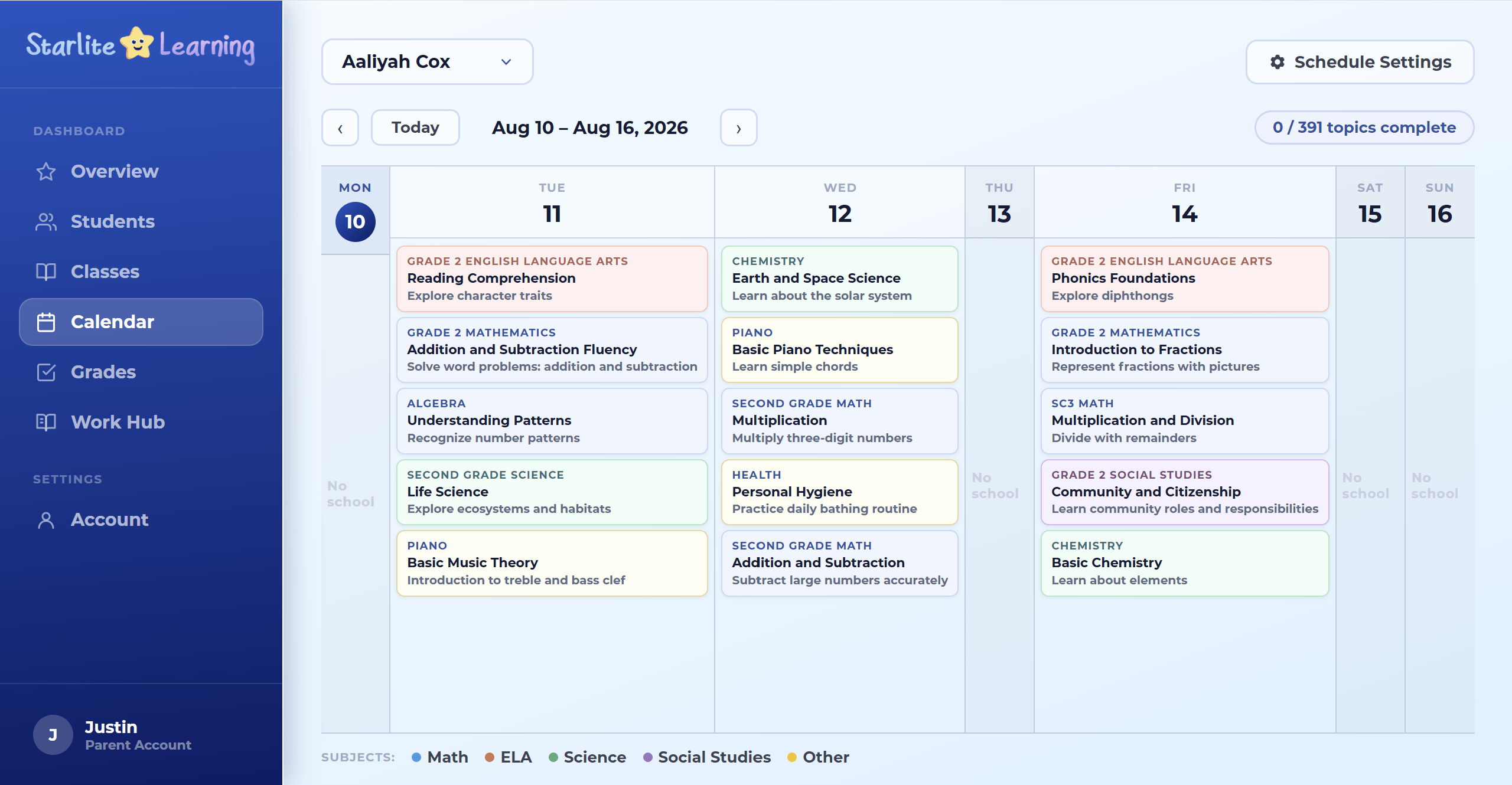 The weekly calendar, with each day's topics colour-coded by subject.