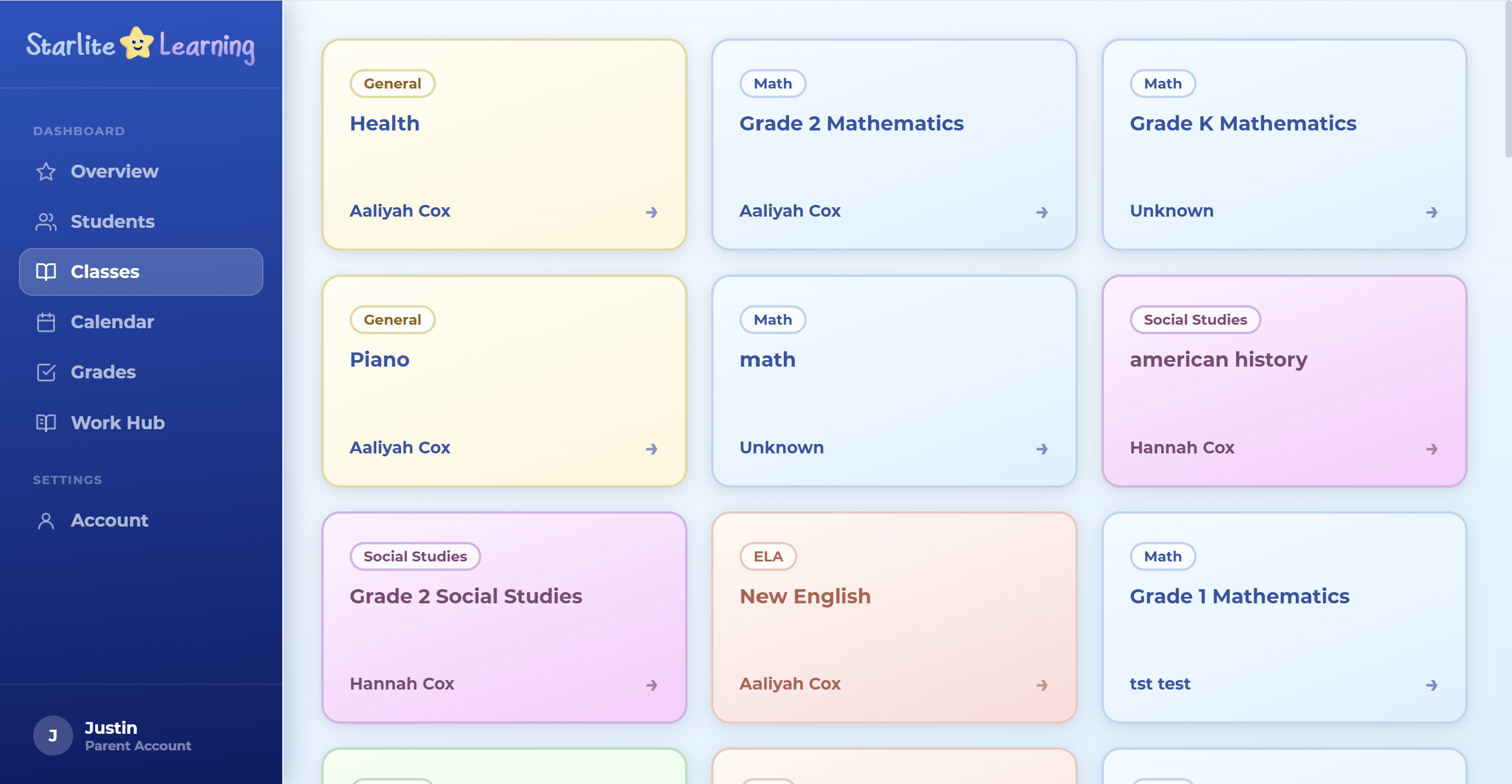 The classes grid, each card a subject-tagged class assigned to a student.