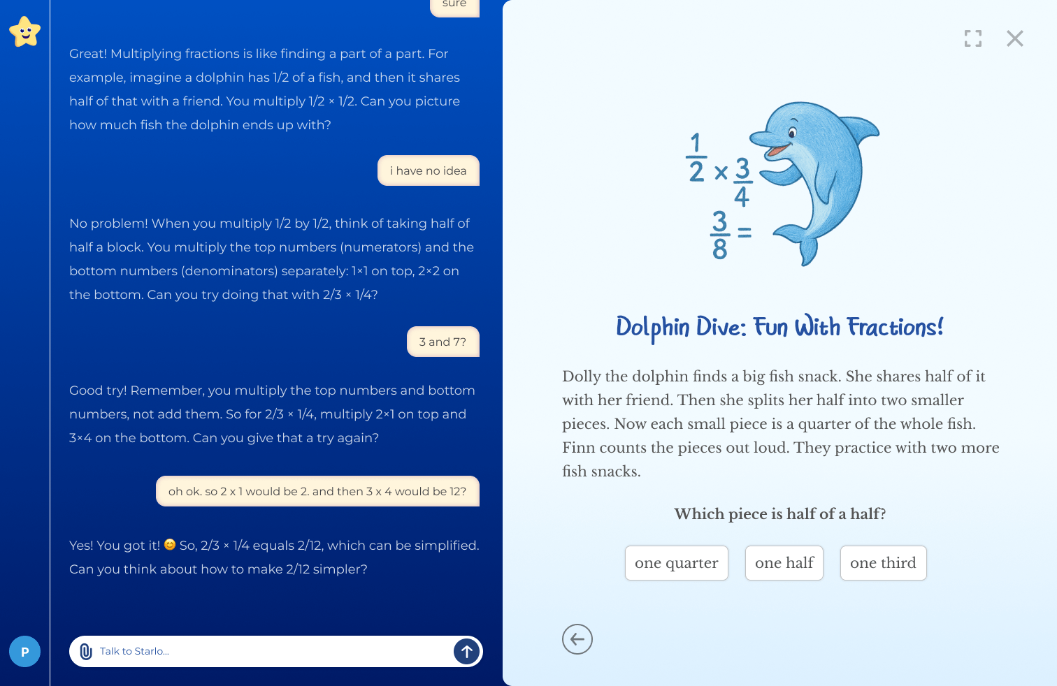The same fractions lesson rebuilt around dolphins, beside its generated activity.