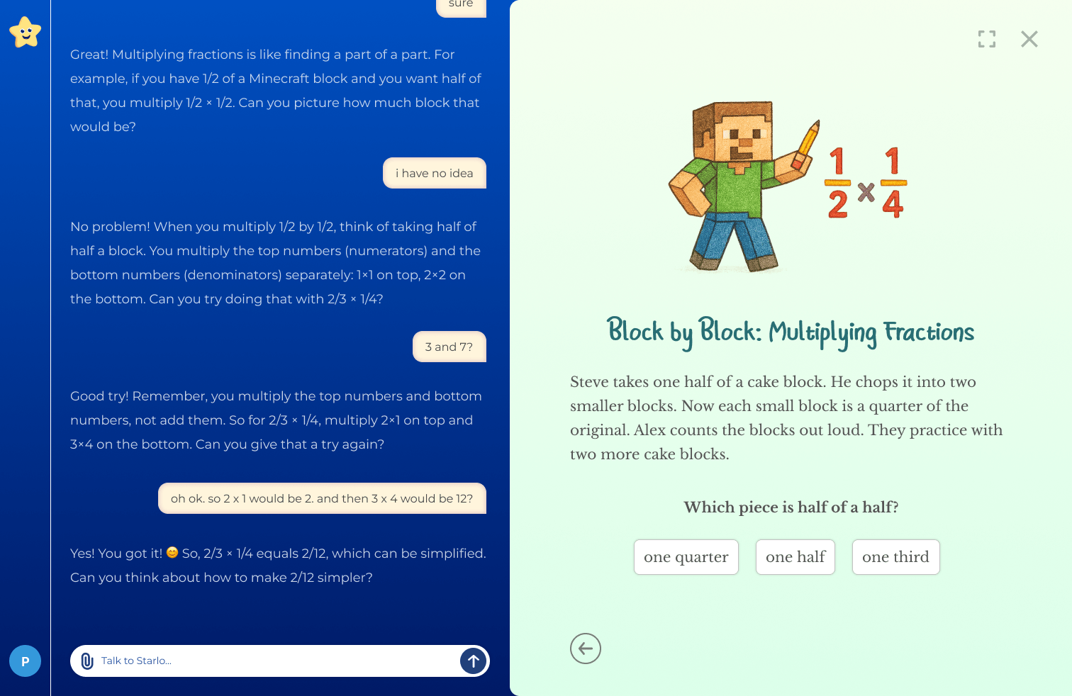 Starlo tutoring multiplying fractions through Minecraft blocks, beside the generated activity it built.