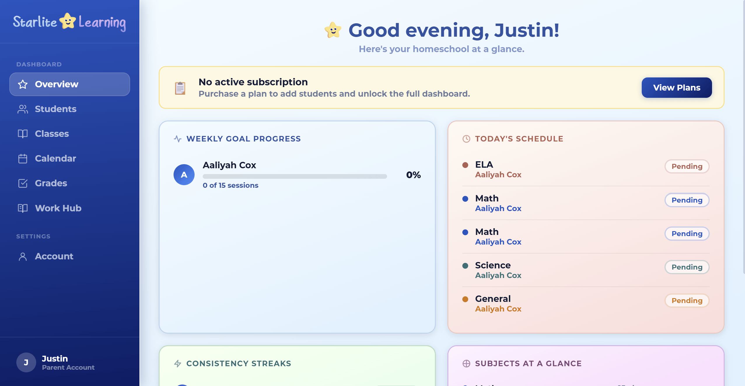 The parent dashboard: weekly goal progress, today's schedule, consistency streaks, and subjects at a glance.