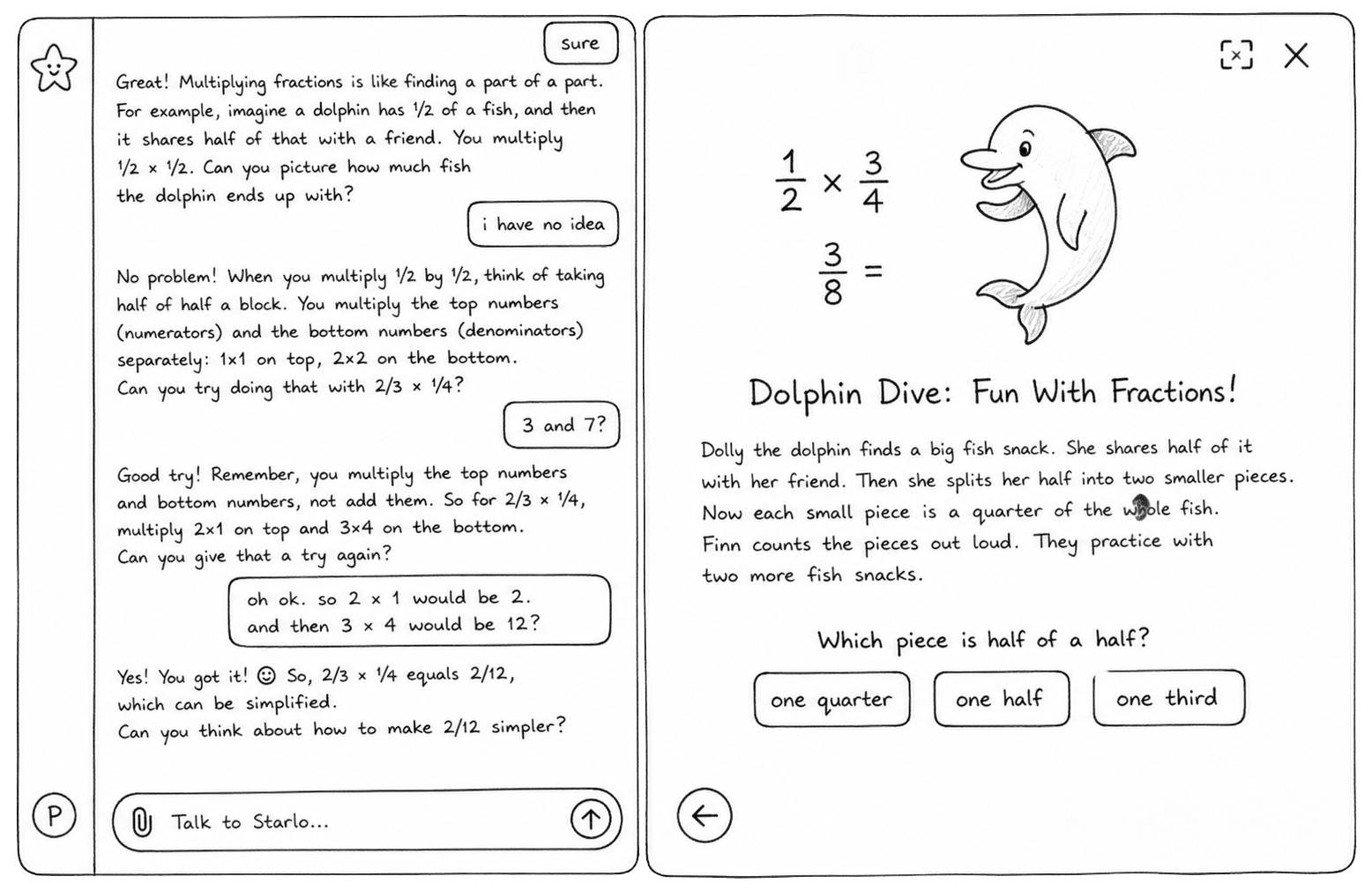 The same wireframe themed to dolphins: the same fractions lesson taught with a dolphin sharing a fish, beside an activity titled “Dolphin Dive: Fun With Fractions!”