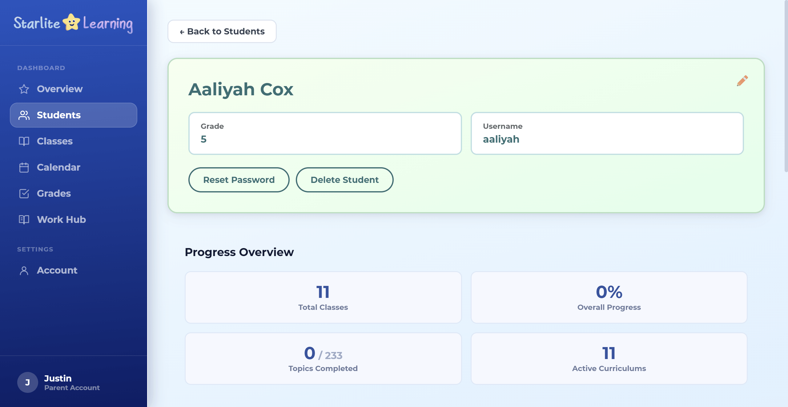 A student record with grade and username, above totals for classes, progress, and topics completed.