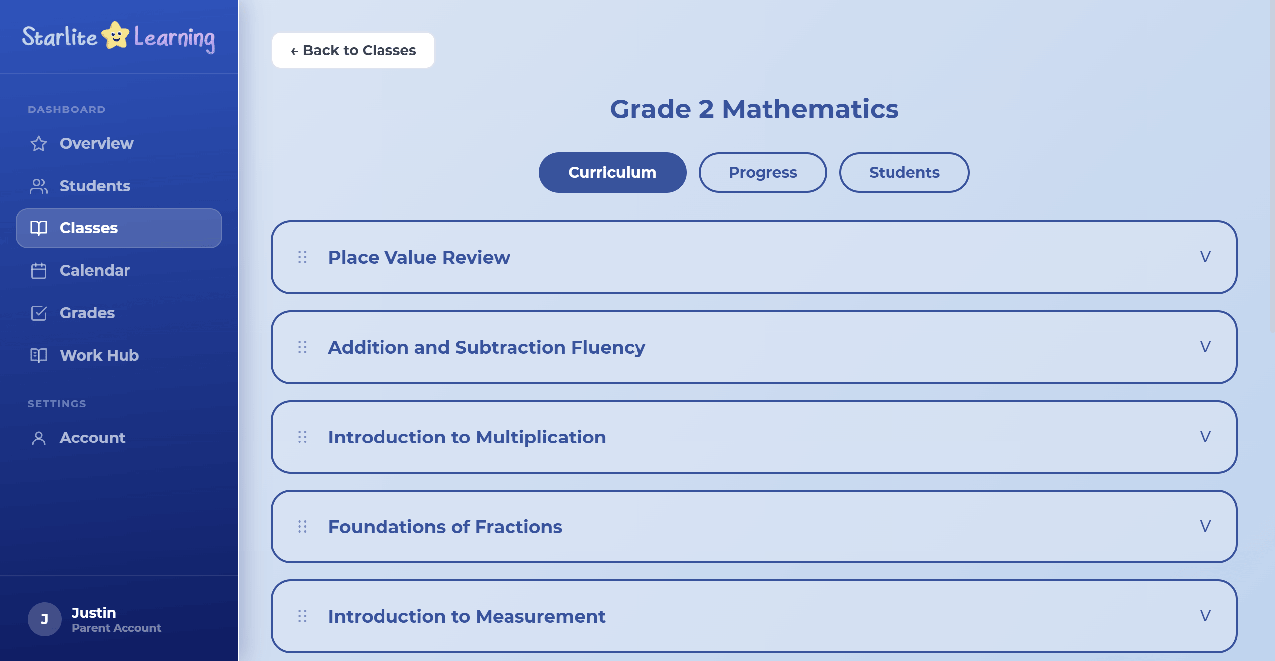 A class curriculum: an ordered, reorderable list of topics from place value through measurement.