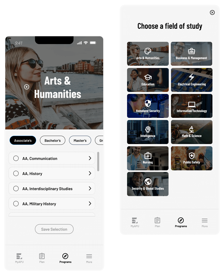 Images of UX/UI mobile app design displaying program exploration features